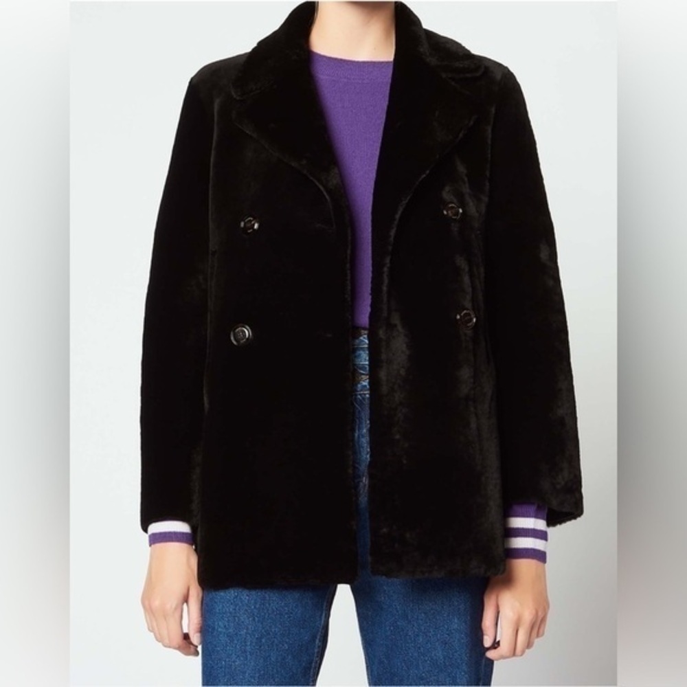 Sandro Paris Black Sheepskin Pea Coat 100% Genuine Shearling Jacket Sz 3 US L/8